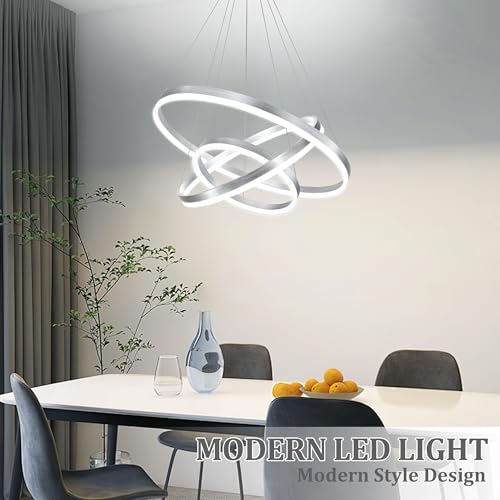 31.5" Nickel Modern Led Chandelier 3 Ring Modern Led Pendant Light Contemporary Ring Chandeliers Dimmable Chandeliers Color Temperature Adjustable Height Hanging Chandelier for Entryway
