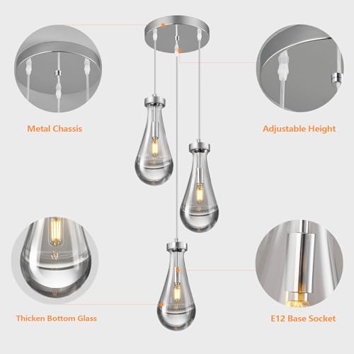 Raindrop Pendant Lights Kitchen Island Teardrop Chrome Hanging Light Fixtures Clear Solid Glass Pendant Light Modern Chandeliers for Dining Room Porch Corridor Living Room