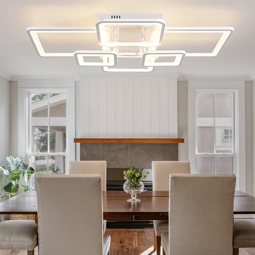 Modern LED Ceiling Lights for Bedroom Dimmable Modern 6 Ring Square Ceiling Lights for Living Room with Remote Control White Bedroom Ceiling Lamp Fixures for Kitchen
