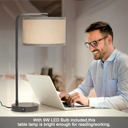 Gray Bedside Lamp with USB C+A Ports