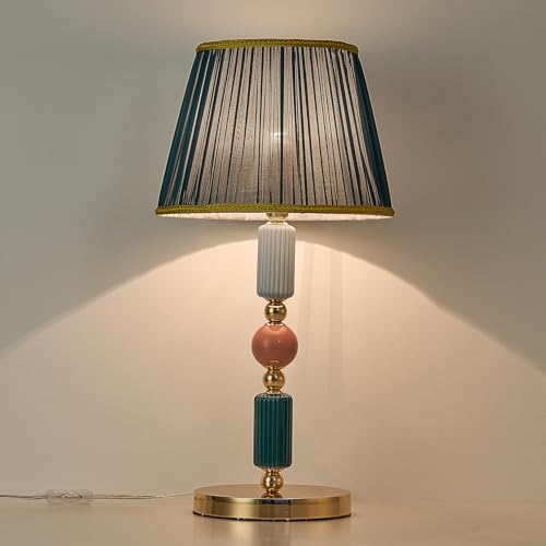 Green Fabric Shade Table Lamp Modern Metal Desk Lamp with Plug Cord Switch for Bedroom Bedside