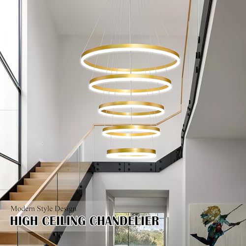 5 Rings Pendant Lights Modern Gold Led Chandelier Gold Modern Led Pendant Light Dimmable Height Adjustable Chandeliers for Dining Room Bedroom Entryway Living Room Foyer