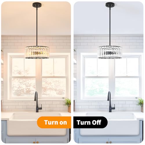 Black 3 Light Crystal Chandelier, Modern Dining Room Light Fixture over Table, Round Kitchen Lighting Fixture, Farmhouse Semi Flush Mount Ceiling Pendant Light for Living Room Bedroom Hallway Entryway