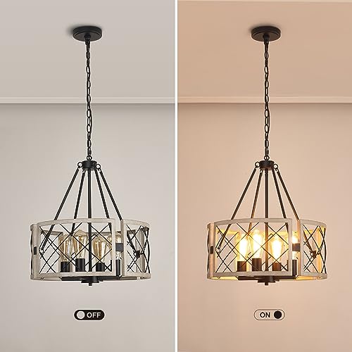 SANTOSTOCK D19'' Farmhouse Chandelier, 4-Light Adjustable Dining Room Light Fixture Kitchen Island Lighting, Rustic Hanging Lights for Entryway Foyer Bedroom Living Room, Black & White Oak