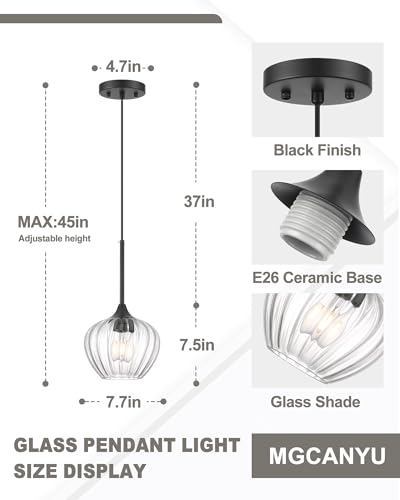 Black Pendant Lights Kitchen Island with Ribbed Glass Shade (2 Count)