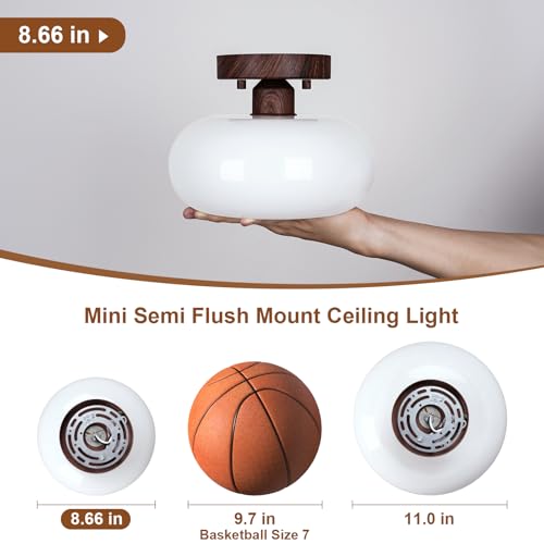 Mid Century Modern Faux Walnut Wood Semi Flush Ceiling Light 8.66 Inch