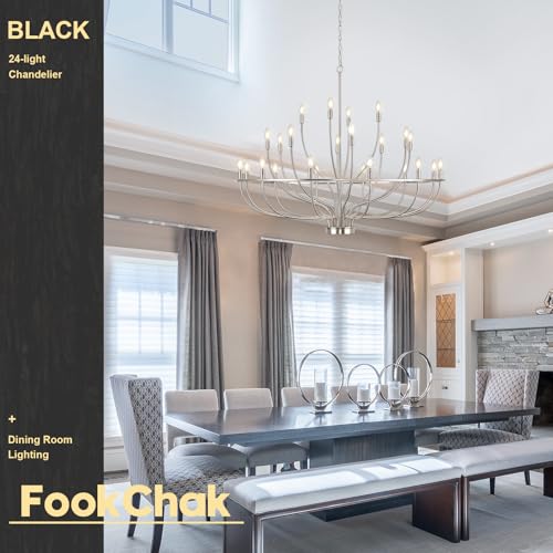 24 Light Brushed Nickel Chandelier 51'' Large Candle Chandeliers for High Ceiling Foyer Modern Classic Chandelier Light Fixture for Large Living Room Dining Room Stairs Entry Restaurant Hotel