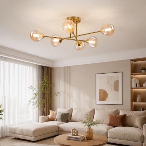Mid Century Modern Gold Sputnik Flush Mount Ceiling Light Antique Brass Ceiling Lights 6 Light Amber Glass Chandelier Small Living Room Globe Ceiling Light