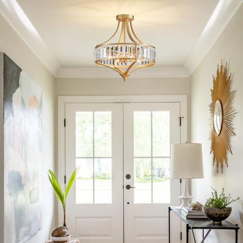 Modern Gold Crystal Chandelier 4 Lights Semi Flush Mount Ceiling Light Fixture E12 Base Farmhouse Mid Century Chandelier for Dining Room Bedroom Hallway Entryway Kitchen