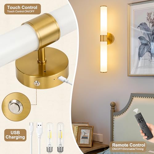 Gold Battery Operated Wall Sconces Set of 2 with White Glass Lamp Shade