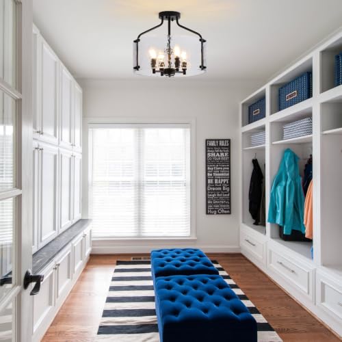 Glass Drum Black Semi Flush Mount Ceiling Light 16'' Modern Light Fixture