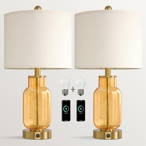22" Glass Table Lamps Set of 2 with Night Light for Bedroom