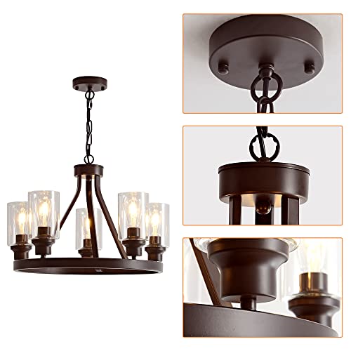 Farmhouse Chandelier Lighting Round 5 Lights Oil Rubbed Bronze with Glass Shade Ceiling Hanging Vintage Rustic Light Fixture for Dining Room Living Room Foyer Porch Kitchen Island