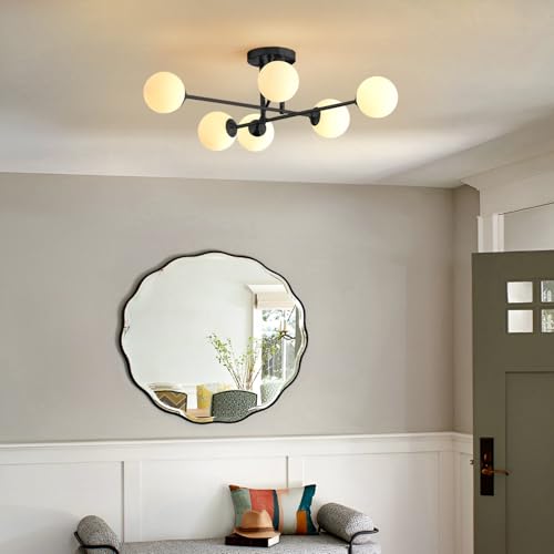 Black Modern Sputnik Chandelier Ceiling Light Fixtures 6 Light Milk Glass Globe Sputnik Chandelier Mid Century Bedroom Semi Flush Mount Ceiling Light