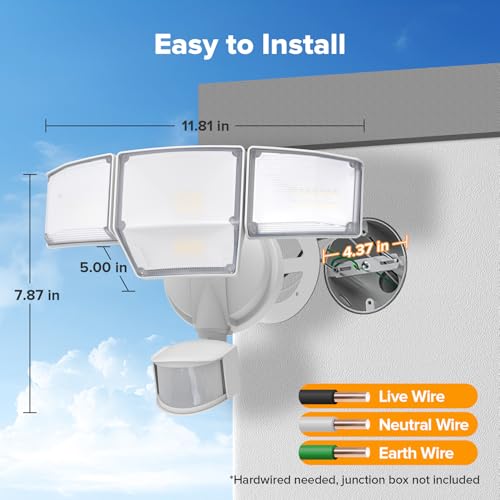 80W 9000LM LED Security Light Hardwire Motion Sensor Outdoor Lights