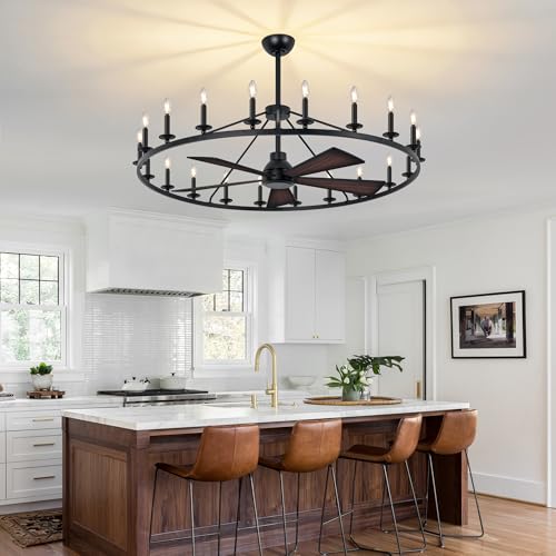 50" Black Wagon Wheel Chandelier with Fans