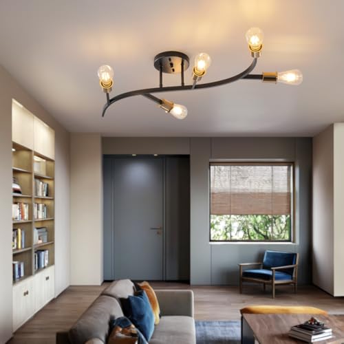 Modern Sputnik Semi Flush Mount Ceiling Light Fixture Black and Gold