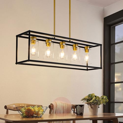 5 Light Dining Room Light Fixture Modern Farmhouse Chandeliers Over Table Black & Brushed Brass Gold Rectangular Pendent Lighting for Kitchen with Glass Shade Hanging Industrial Ceiling Light
