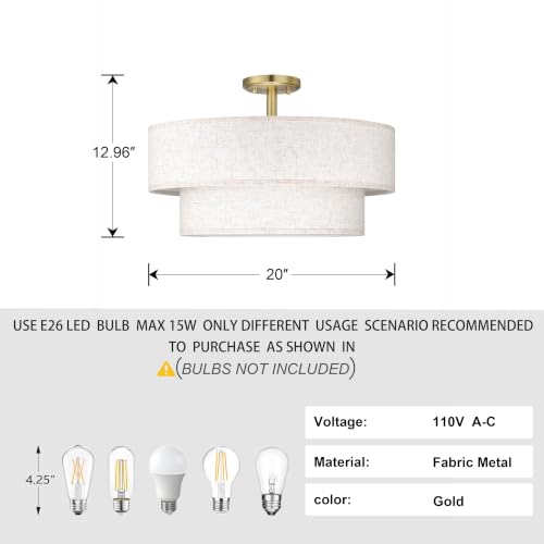2 Tier 20" Cream Drum Fabric 4 Light Gold Semi Flush Mount Ceiling Light for Living Room Dining Room Bedroom Hallway