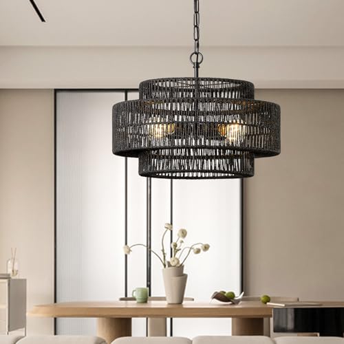17.7" Black Large Boho Rattan Chandeliers for Dining Room