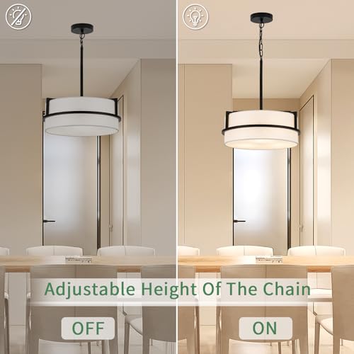 Modern Drum Chandelier for Dining Room 3 Light,15.7" Wide White Linen Drum Shade Ceiling Light Fixture,Pendant Lighting with Adjustble Hang Height Chandelier for Kitchen Islands Living Bedroom