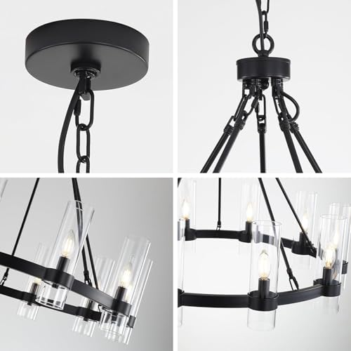 32 Inch Black Wagon Wheel Chandelier with Glass Shade