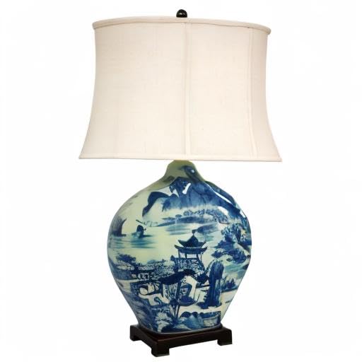 32" Blue and White Ming Landscape Vase Lamp