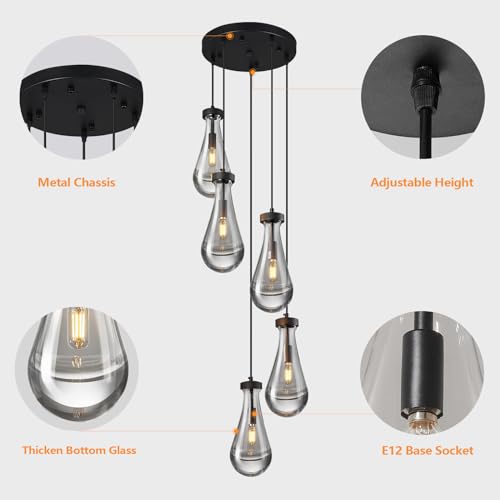 Raindrop Pendant Lights Kitchen Island Teardrop Black Hanging Light Fixtures Clear Solid Glass Pendant Light Modern Chandeliers for Dining Room Porch Corridor Living Room (5 Count)