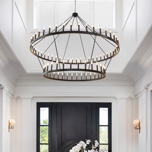 2 Tier Wagon Wheel Chandelier 80" Large Chandeliers for High Ceilings