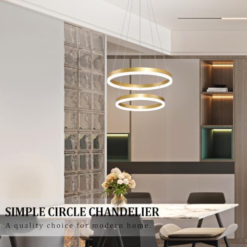 Modern Gold Led Chandelier 2 Rings Dimmable LED Chandeliers with Remote Control Light Fixture for Kitchen Island Height Adjustable Chandelier Led Pendant Light for Living Room Dining Room