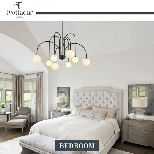 8 Light Black Sputnik Chandelier Modern Globe Chandeliers with Milk Glass Shades Large Luxury Pendant Light Fixture for Foyer Dining Room Living Room Staircase