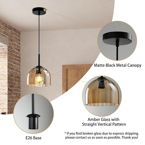Amber Ribbed Glass Pendant Light Kitchen Island 7.8Inch Black Hanging Lamp