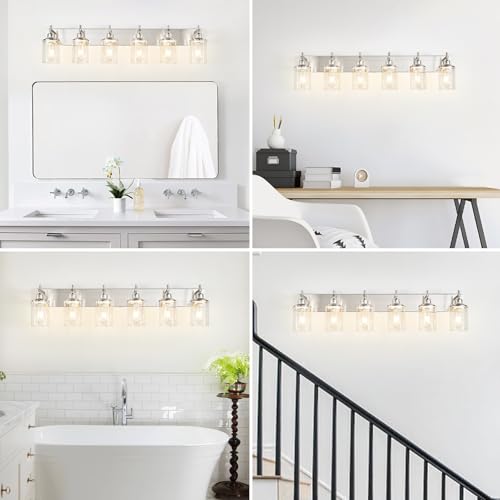 6 Light Brushed Nickel Bathroom Light Fixture Over Mirror Modern Bathroom Vanity Light Vintage Wall Lighting with Clear Glass Shade for Bathroom (6 Count)