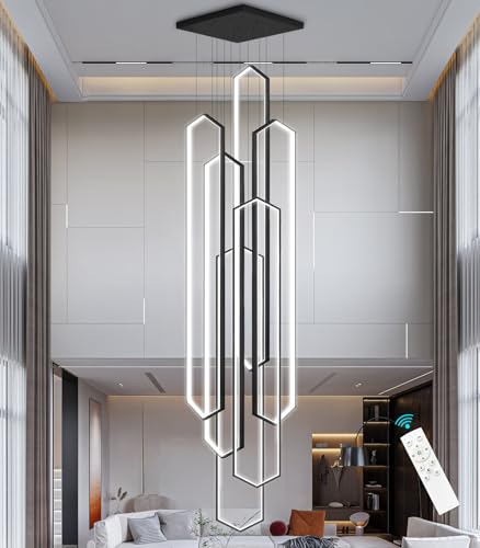 6 Rings Black Modern Long Large Chandelier Dimmable LED High Ceiling Chandelier for Living Room Foyer Staircase Enterway Hanging Light Fixture Modern Ceiling Light