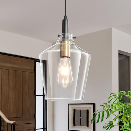 Glass Pendant Lighting for Kitchen Island 2 Pack Black Gold Clear 8 Inch (2 Count)