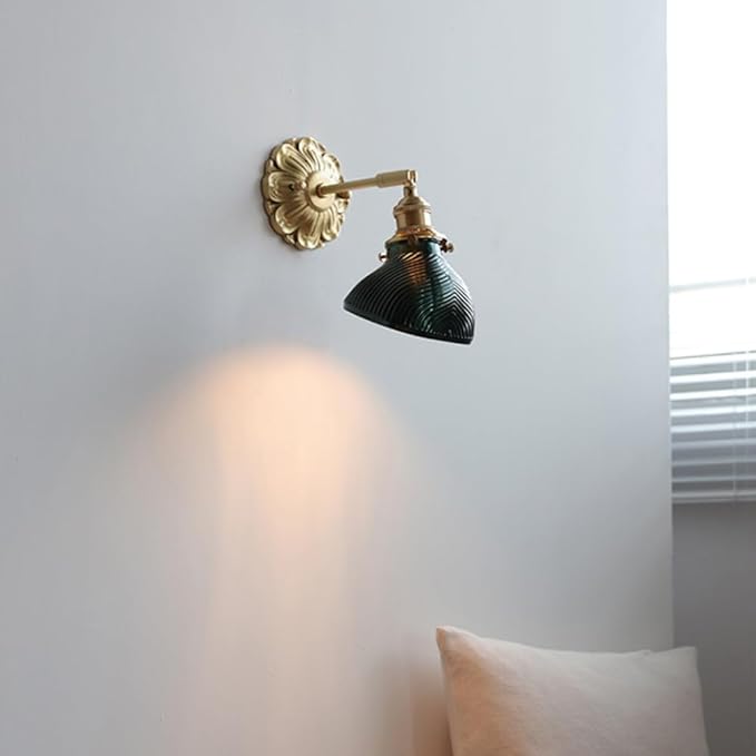 Elegant Brass Wall Sconce Modern Adjustable Home Decor Lighting Fixture with Striped Green/Clear Glass Shade, Japanese-Style Wabi Sabi Polished Brass Hardwired Sconces for Bedroom