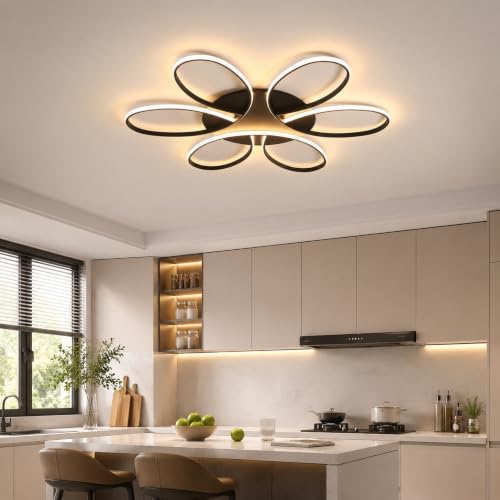 Modern LED Ceiling Light Fixture Black Flush Mount Ceiling Lamp with Remote Control Dimmable 6 Rings Flower Shaped Ideal for Living Room Bedroom Tearoom Kitchen