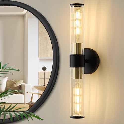 Hardwired Black Gold Vanity Light Threaded Glass Wall Sconce