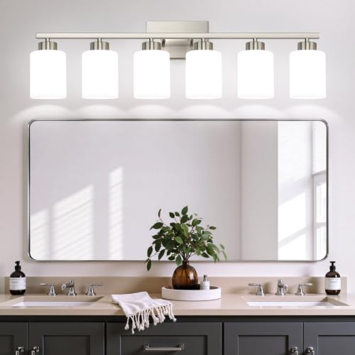 Brushed Nickel Bathroom Light Fixtures with Milk Glass Shades