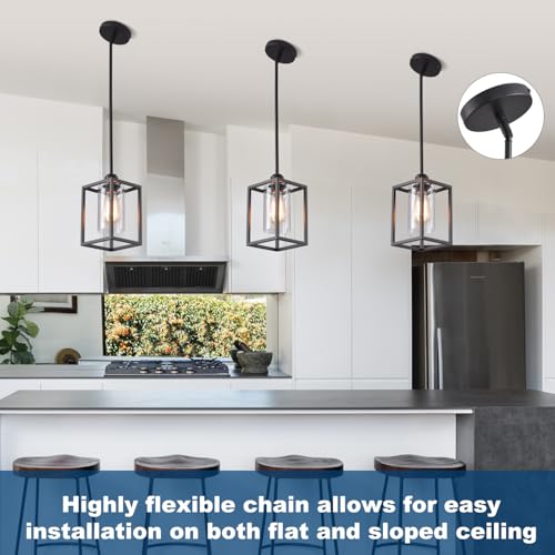 3 Pack Stem Rod Black Pendant Lights for Kitchen Island Industrial Lantern Pendant Light Fixtures with Clear Glass Shade (3 Count)