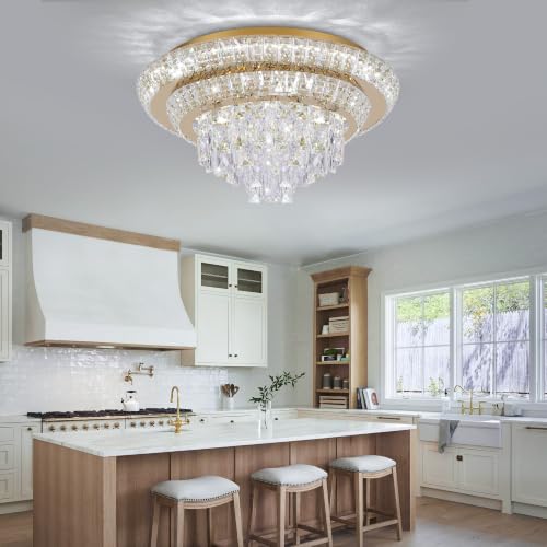 18" Gold Crystal Flush Mount Chandelier Modern LED Ceiling Light Fixture