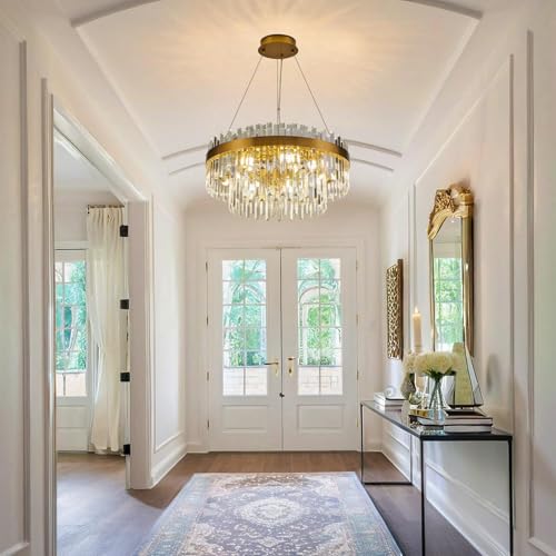 23.6" Brushed Gold Round Crystal Chandelier Dining Room Living Room