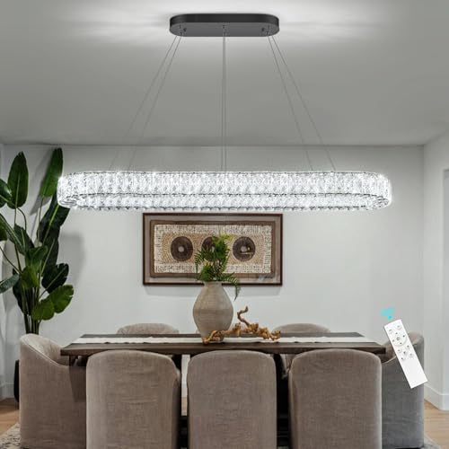 Modern Oval Chandelier Rectangular K9 Crystal Chandeliers for Dining Room Dimmable LED Light Fixture with Remote for Living Room Kitchen Light Black