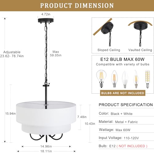 Black Drum Chandelier with White Fabric Shades 18" Farmhouse Chandelier