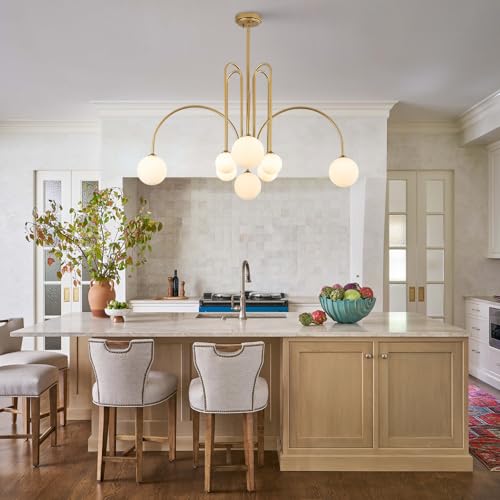 Gold Sputnik Chandelier with Milk Glass Globe 8 Lights L41 Inch
