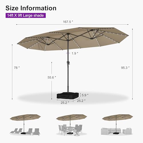 Patio Umbrella 14ft with Base and Solar Lights Outdoor