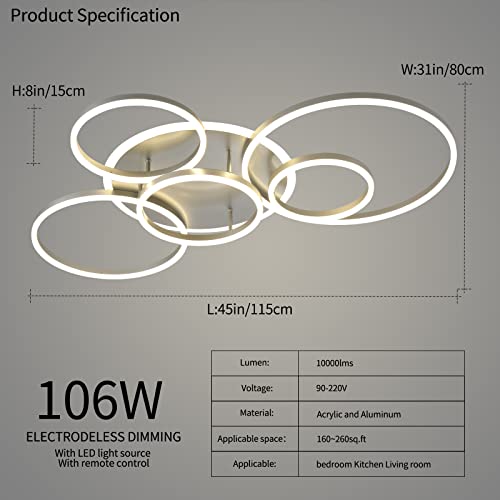 Modern LED Ceiling Light Silver Dimmable 5 Rings Flush Mount Ceiling Light Fixtures with Remote Control 106W 10000LM Ceiling Lighting for Living Room Bedroom Kitchen Dining Room 3000