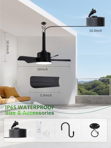 Outdoor Gazebo Ceiling Fan with Light and Remote (Black / 18 Inch)