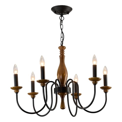 Farmhouse Wood Chandelier for Dining Room Rustic Candle Ceiling Chandelier Black Adjustable Hanging Light Fixture for Kitchen Living Room Foyer Entryway