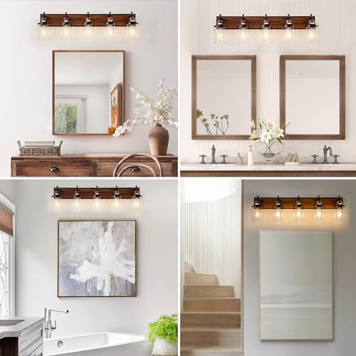 5 Light Farmhouse Bathroom Light Fixtures Vintage Bathroom Vanity Lights Over Mirror Black and Wood Painted Metal Vanity Light for Bathroom with Glass Shades E26 Socket